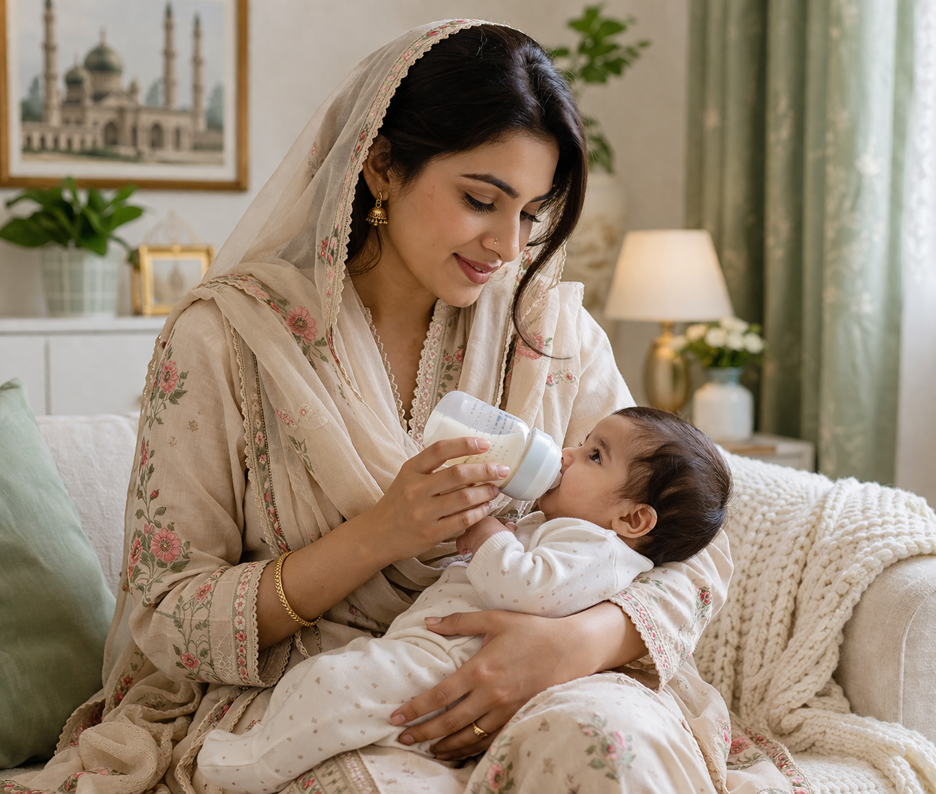 Pakistani mother feeding baby using anti-colic bottle with sterilised baby feeding accessories