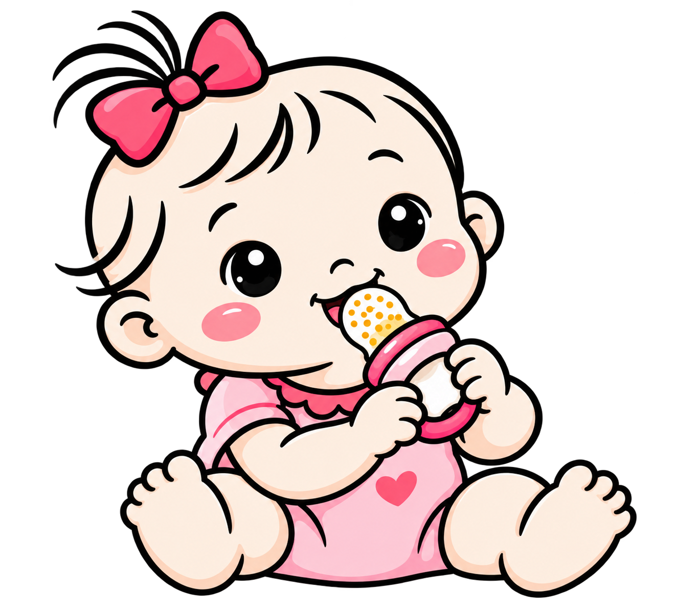 Cute Baby Girl with Pink Bow and Feeder